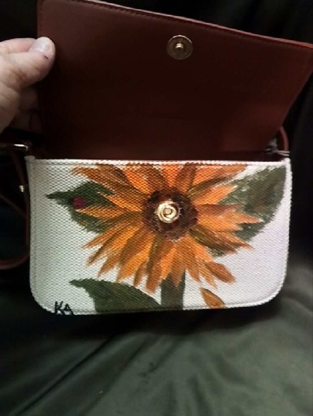 Hand Crafted Brown Leather Flap Crossbody with Sunflower Accent - Picture 2 of 4